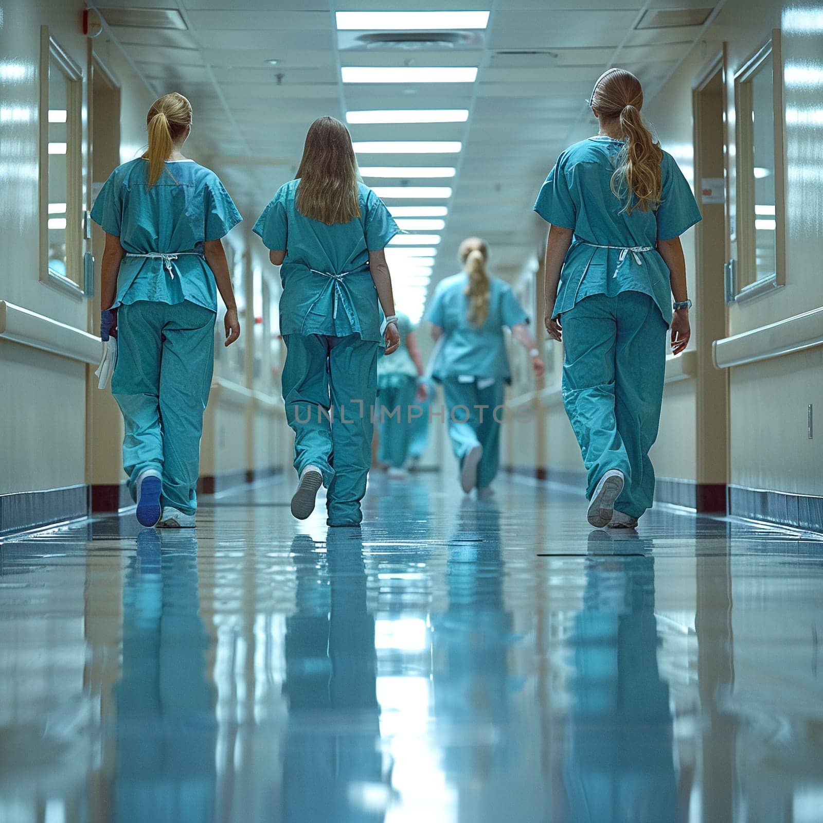 Healthcare Professionals in Scrubs Moving Through Hospital Corridors by Benzoix