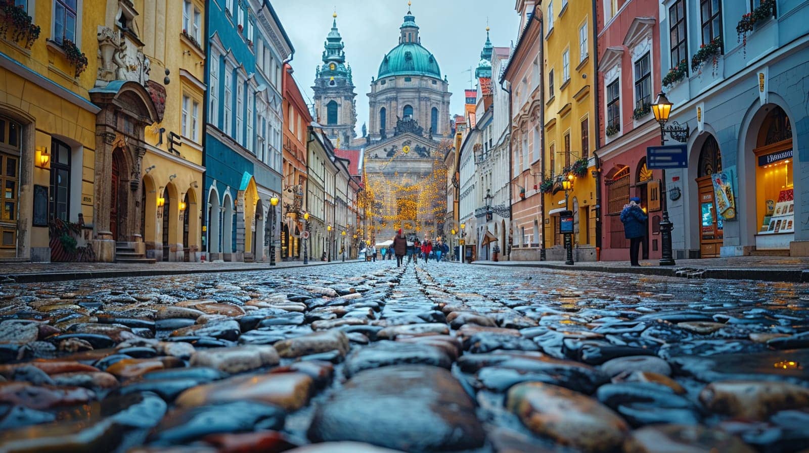 Cobbled Streets of a Historic City Center with Tourists Exploring, The blur of foot traffic against old buildings suggests the ongoing dance of history and modernity.