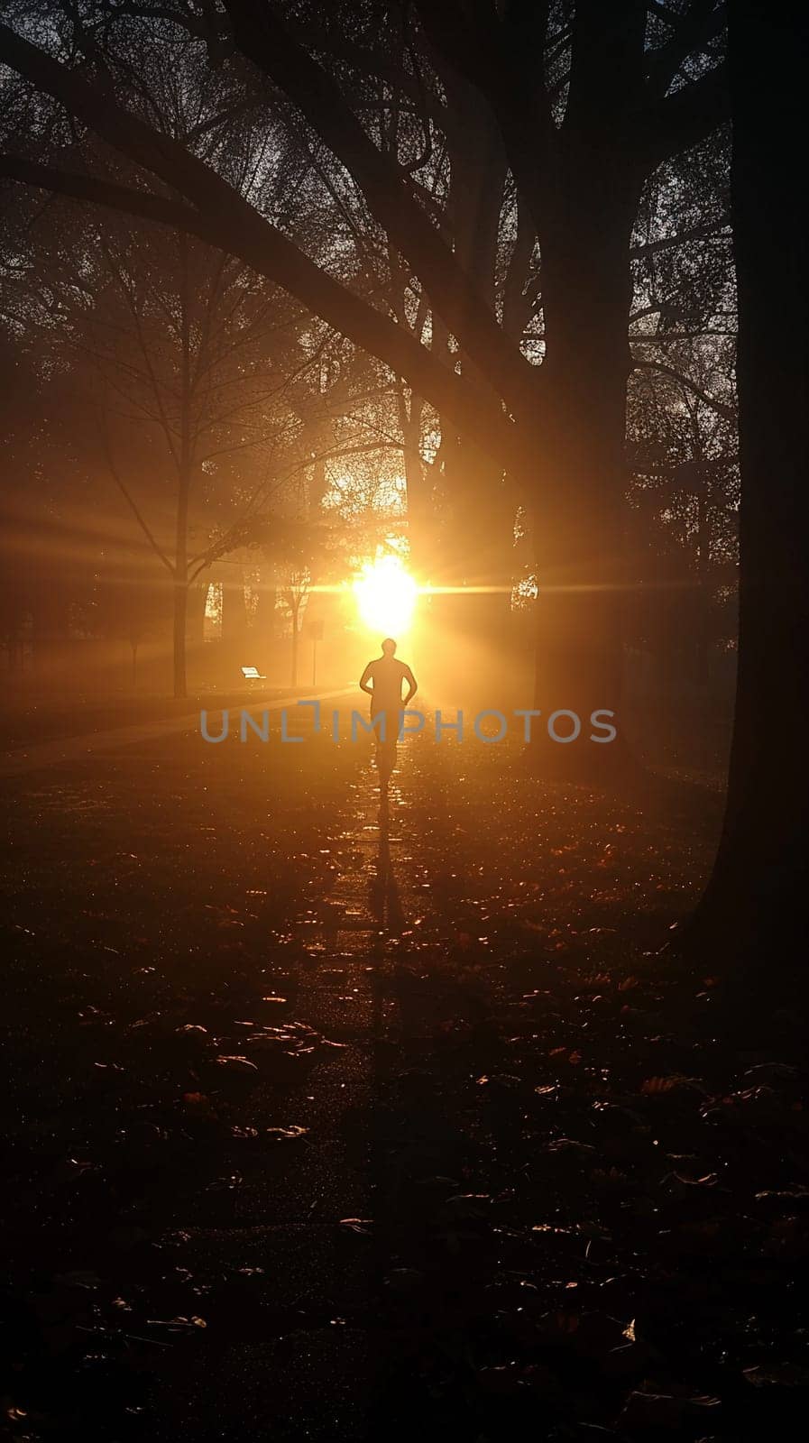 Early Morning Joggers Silhouette Against a Misty Park Sunrise A runners motion blurs into the dawn by Benzoix