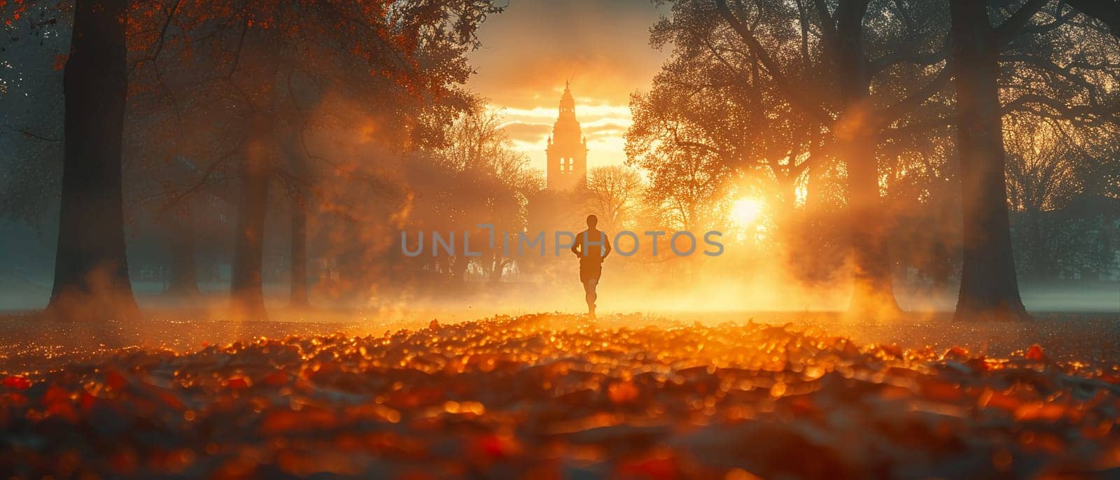 Early Morning Jogger's Silhouette Against a Misty Park Sunrise, A runner's motion blurs into the dawn, reflecting health and routine in urban life.