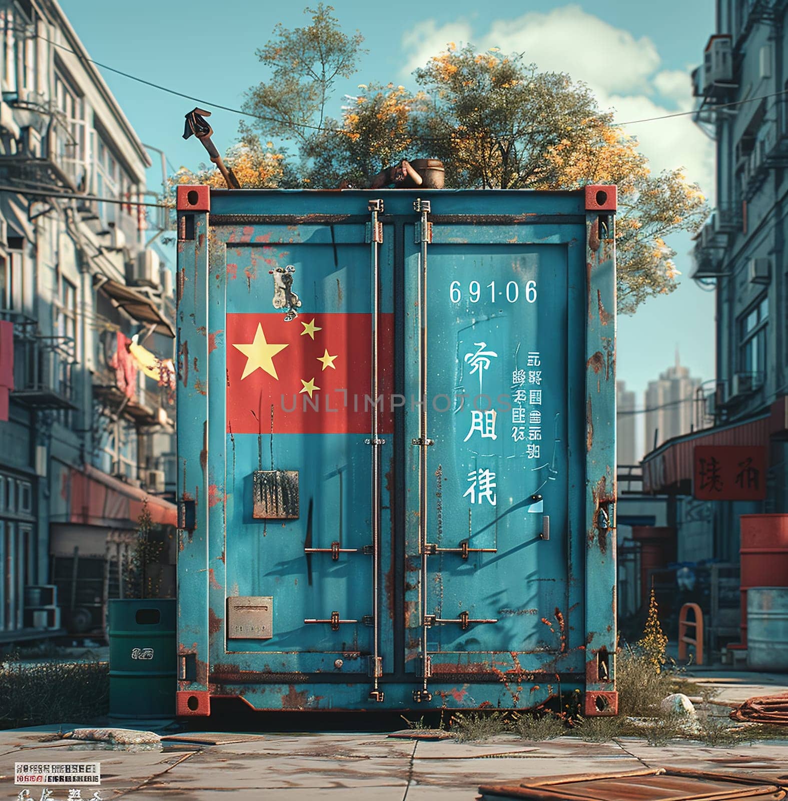 Freight shipping container with flag of china on crane hook - 3D illustration by Andelov13