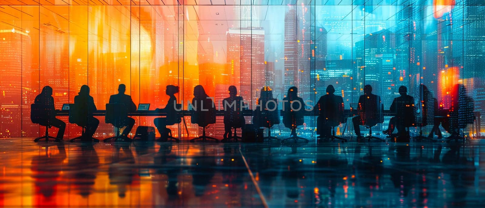 Executive Board Meeting with Blurred Presenters and Projectors, The fuzzy figures against a bright screen hint at corporate strategies and discussions.