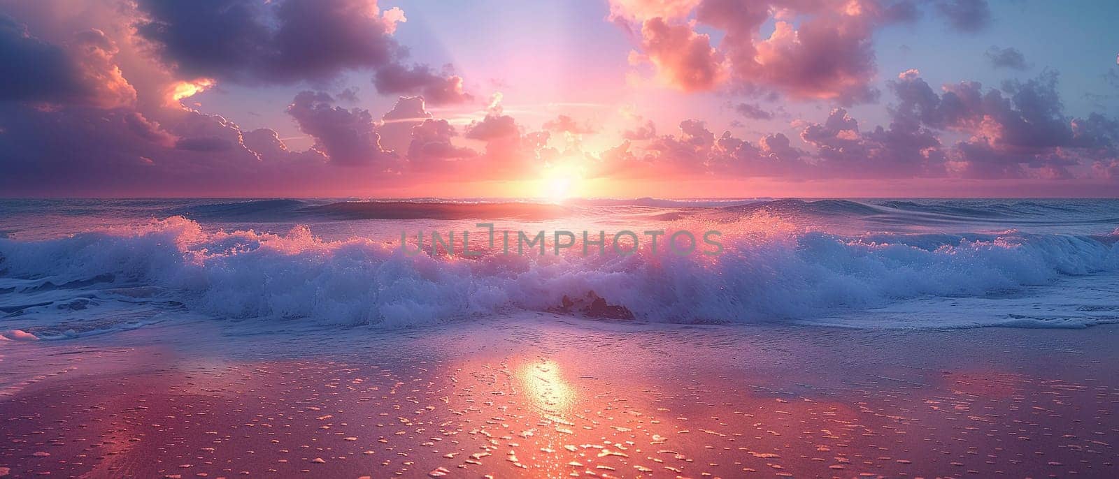 Sunset Hues Casting Warm Glow Over Serene Ocean Waves The fading light blurs into the calm sea by Benzoix