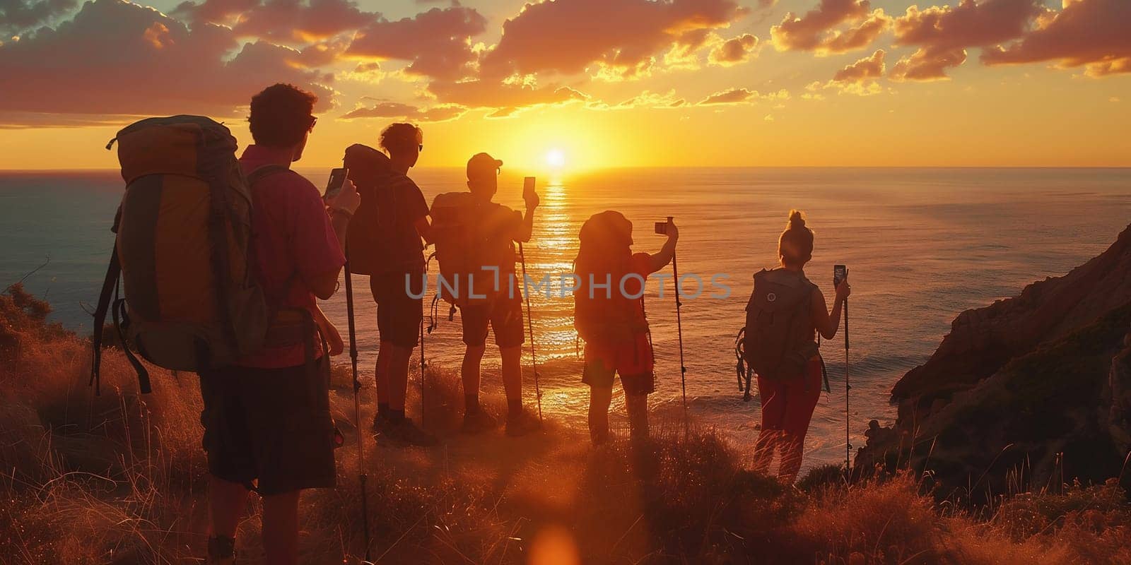 Group of happy backpackers trekking on sunny day. Young tourists traveling and enjoying active summer vacation. hiking trail with friends. High quality photo