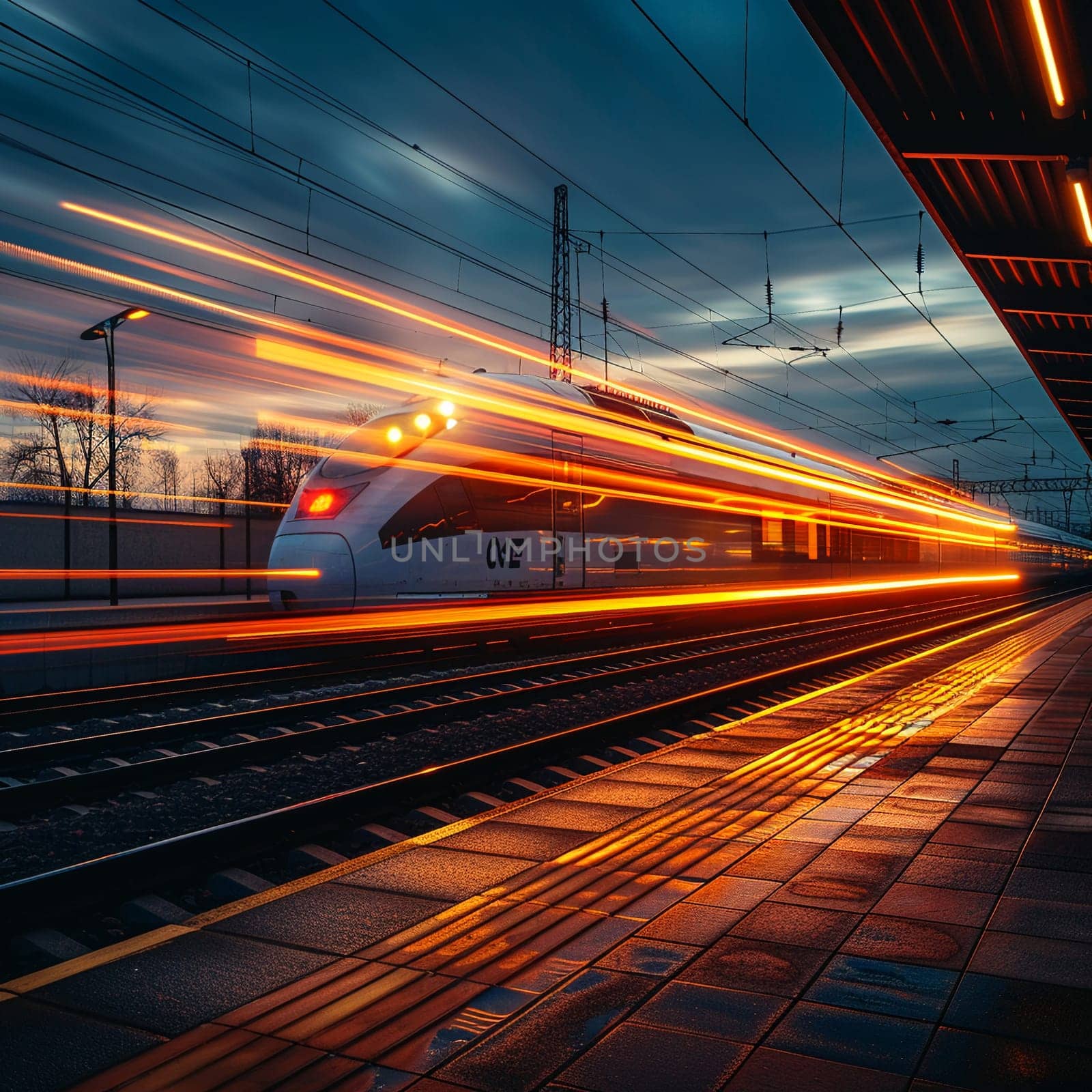 High-Speed Train Departing Station with a Blur of Movement, The streaks of the train convey the speed and connectivity of modern travel.