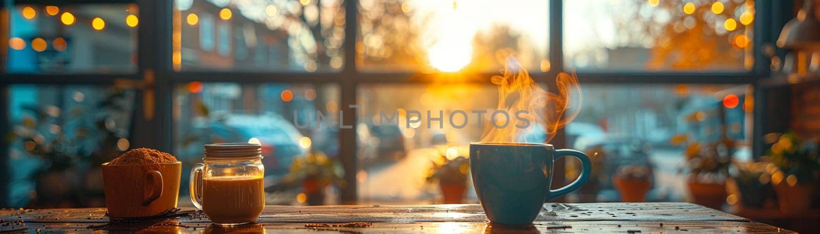 Cozy Coffee House Corner with Blurred Patrons and Steamy Mugs by Benzoix