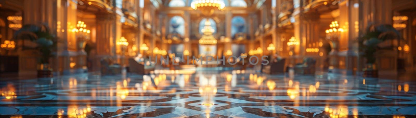 Grand Hotel Lobby with Soft Focus on Elegance and Guests by Benzoix