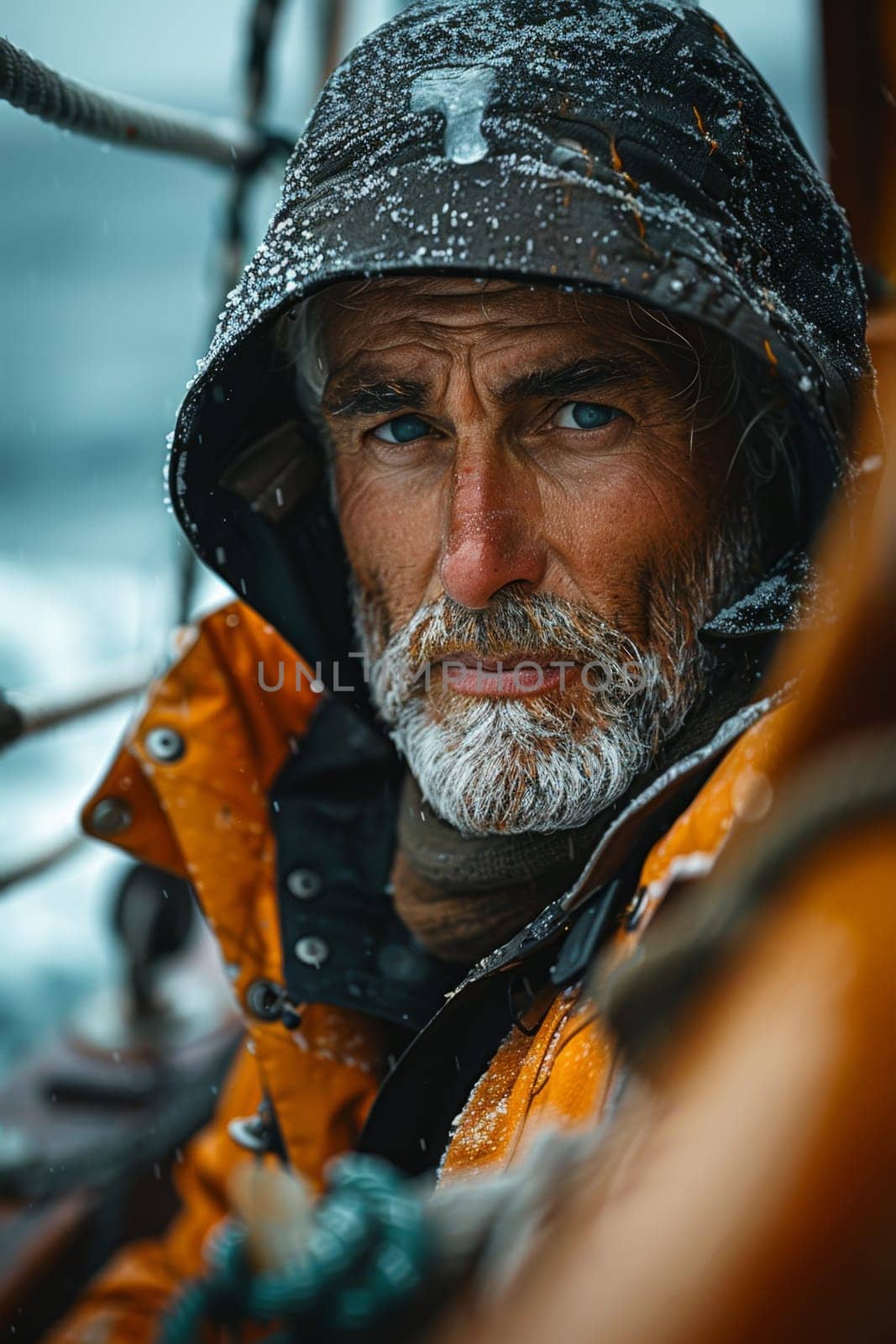 Portrait of a fisherman on an industrial fishing ship in harsh weather.