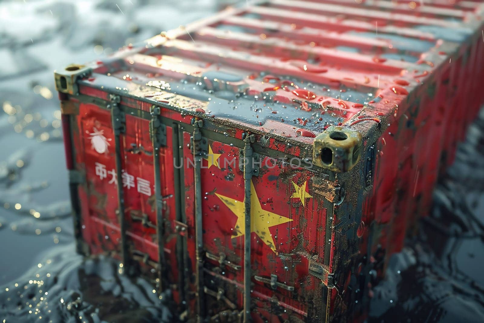 Freight shipping container with flag of china on crane hook - 3D illustration by Andelov13