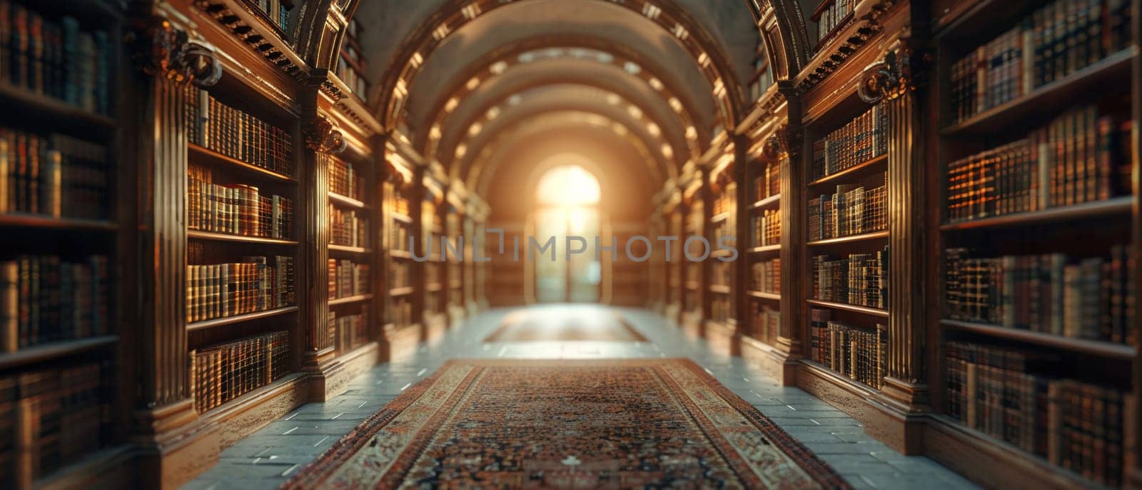 Historic Library with Students Lost in Study and Thought, A soft focus on readers among towering bookshelves conveys the pursuit of knowledge.