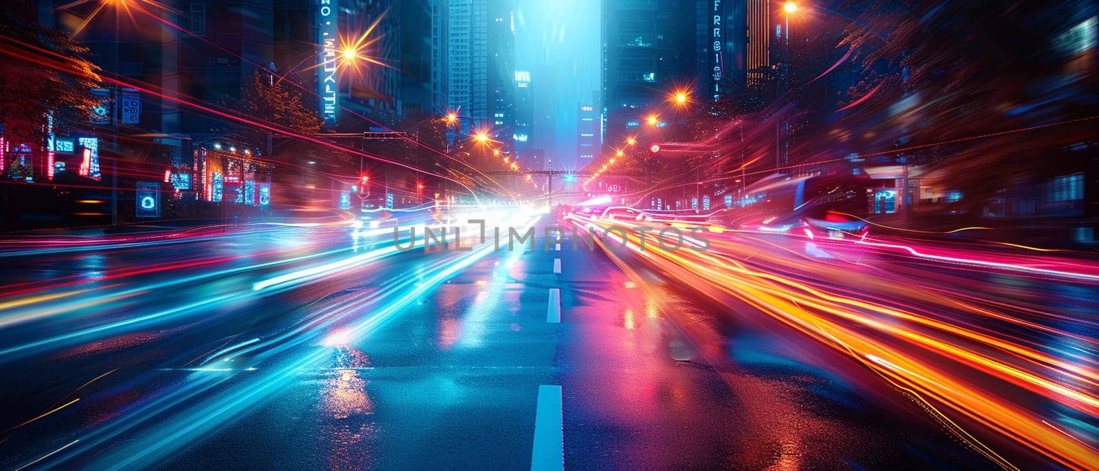 Nighttime City Traffic with Streaks of Headlights and Streetlights, The motion blur of lights suggests the pulse and flow of urban life after dark.