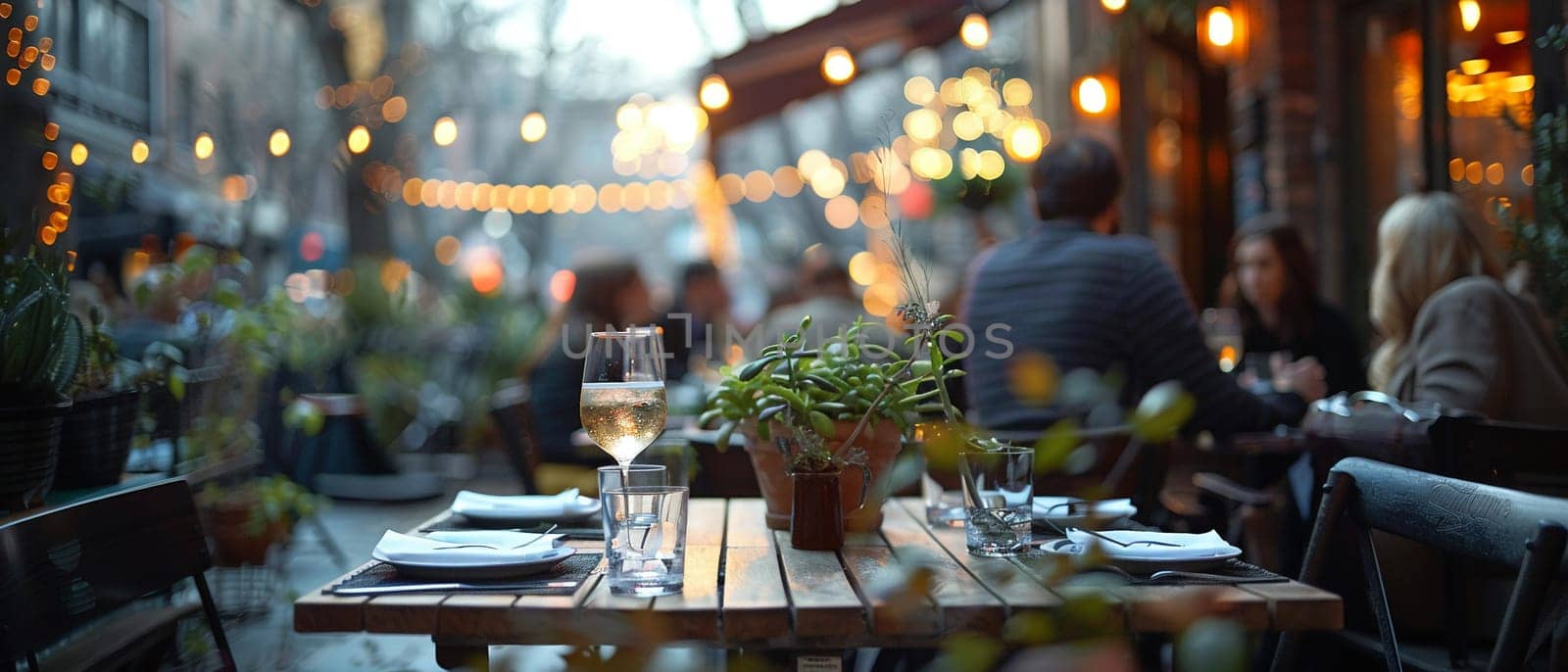 Chic Bistro Patio with Patrons Enjoying Alfresco Dining, The blurred ambiance of outdoor dining evokes a sense of casual urban sophistication.