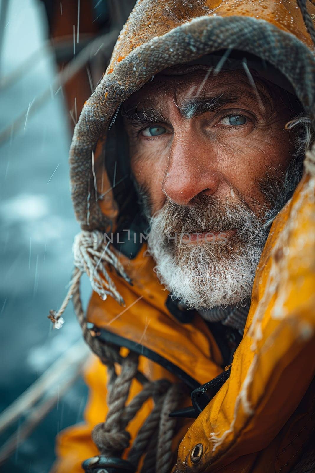 Portrait of a fisherman on an industrial fishing ship in harsh weather by Lobachad