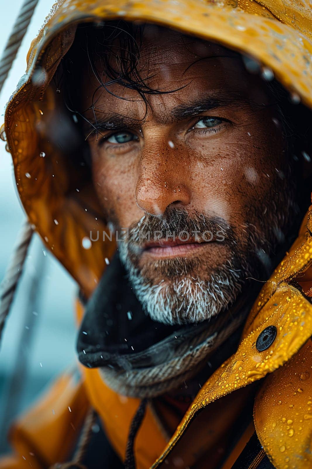 Portrait of a fisherman on an industrial fishing ship in harsh weather by Lobachad