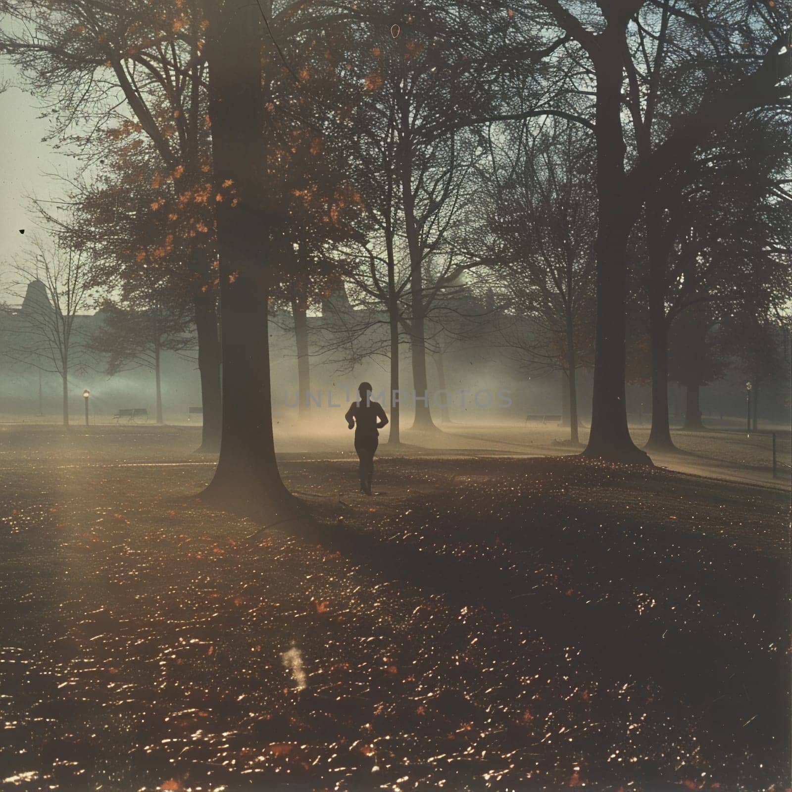 Early Morning Jogger's Silhouette Against a Misty Park Sunrise, A runner's motion blurs into the dawn, reflecting health and routine in urban life.