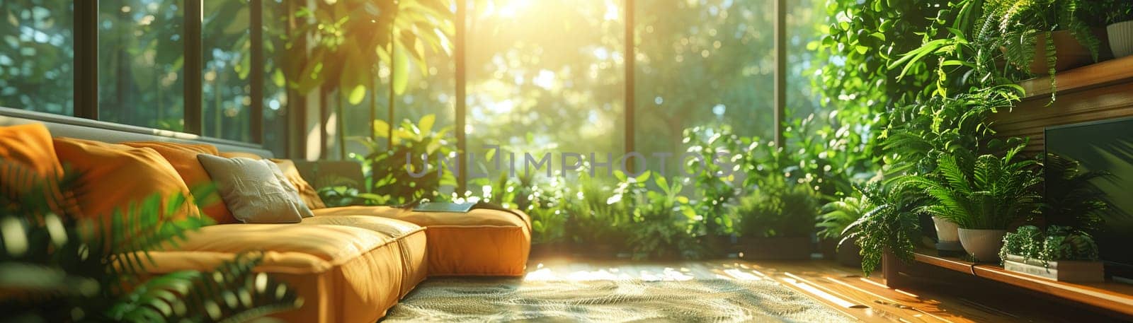 Sustainable Living Showcased in Bright, Eco-Friendly Home Interior, Blurred green plants and eco-decor suggest an environmentally conscious lifestyle.