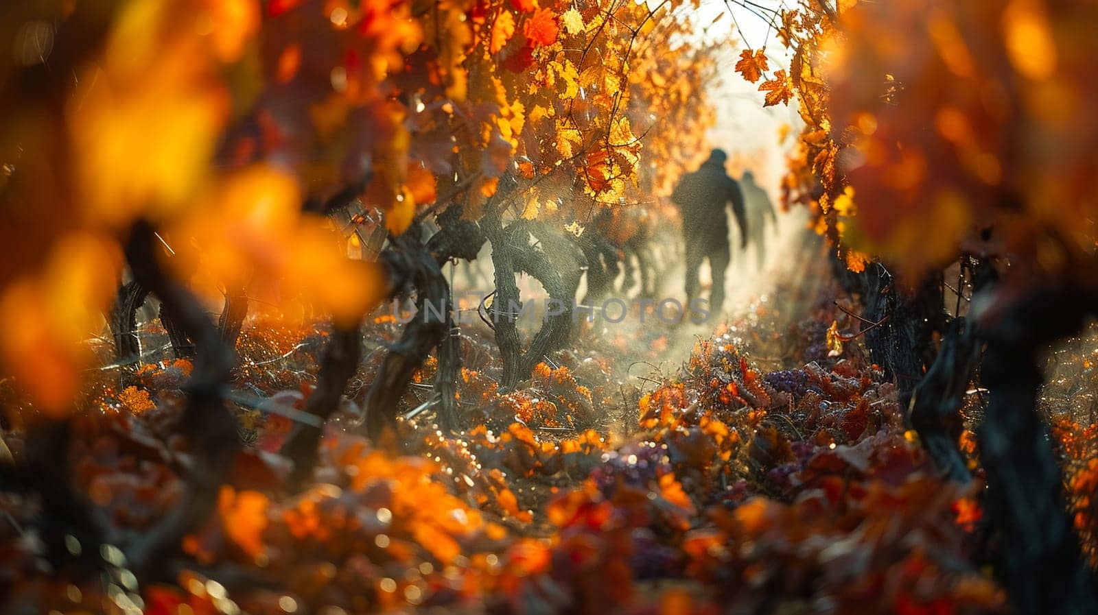 Sprawling Vineyard at Harvest Time with Workers in the Fields by Benzoix