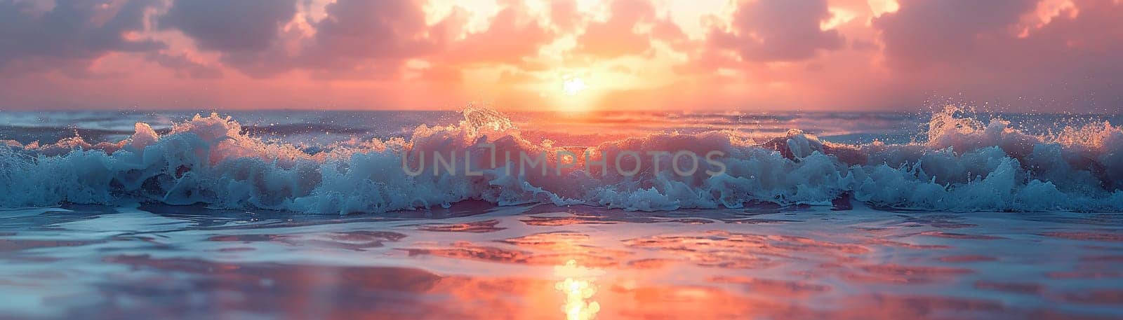 Sunset Hues Casting Warm Glow Over Serene Ocean Waves, The fading light blurs into the calm sea, highlighting the peaceful end to a coastal day.