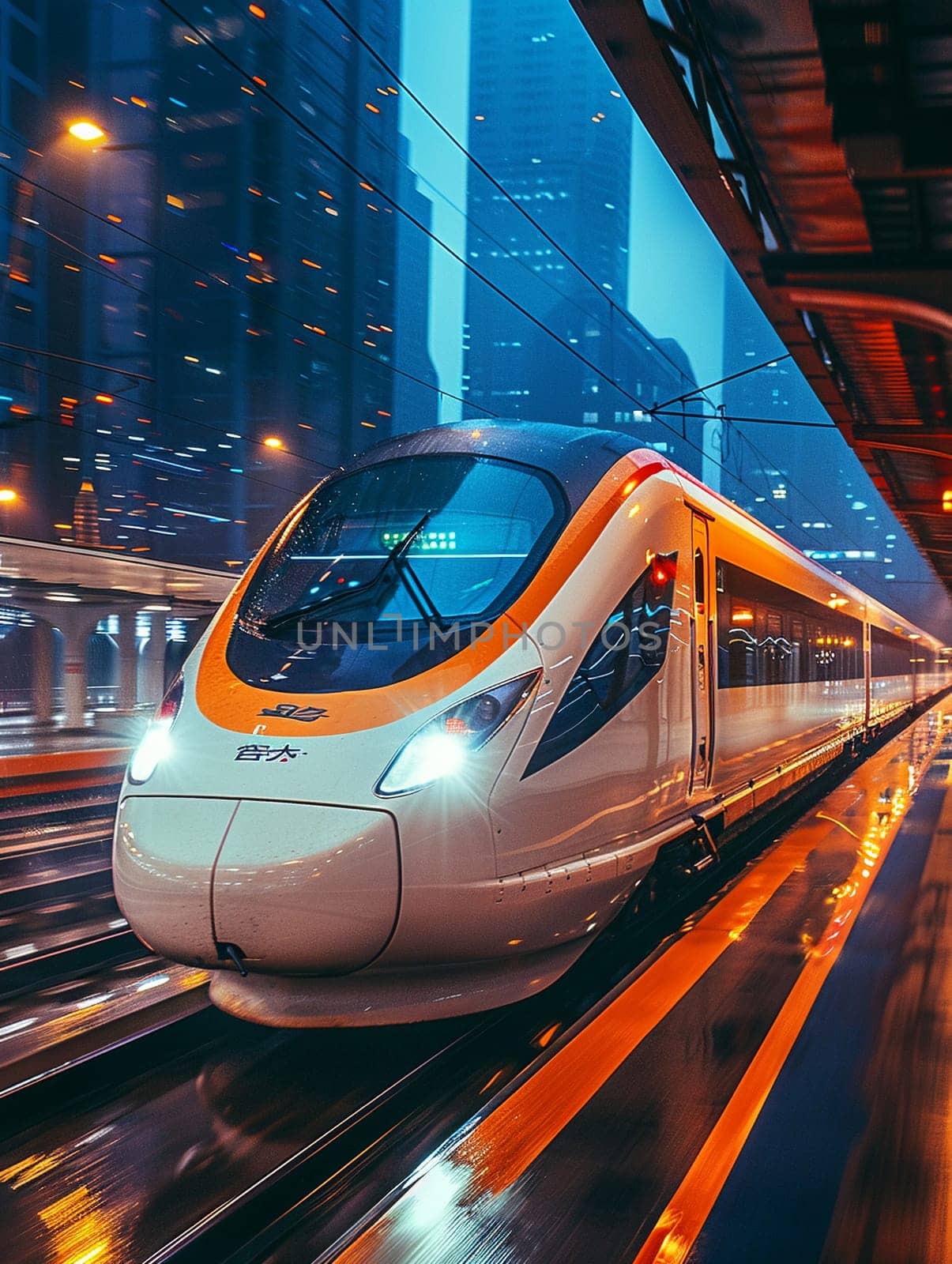 High-Speed Train Departing Station with a Blur of Movement, The streaks of the train convey the speed and connectivity of modern travel.