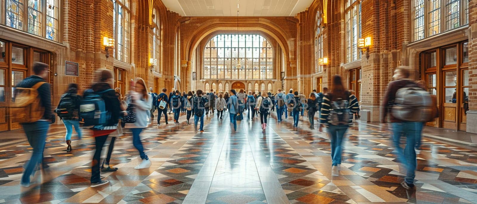 Busy Campus Life with Students Walking Through University Halls, The motion blur of students passing by suggests the hustle of academic pursuit.