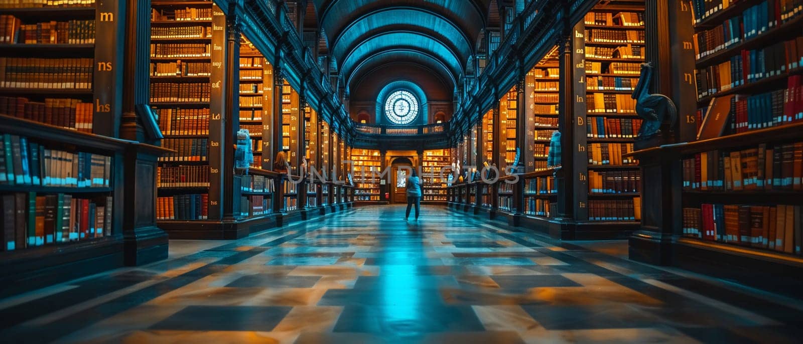 Historic Library with Students Lost in Study and Thought, A soft focus on readers among towering bookshelves conveys the pursuit of knowledge.