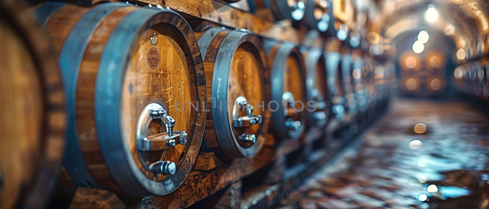 Vintage Winemaking Cellar with Barrels in Soft Focus by Benzoix