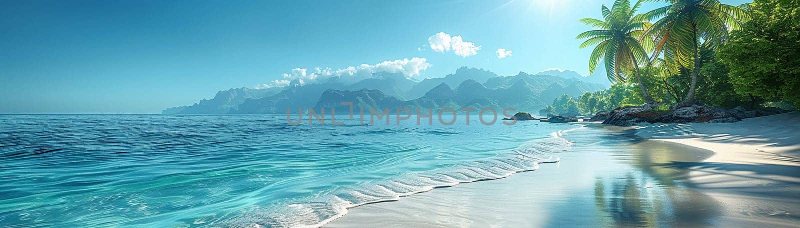 Tropical Beach Resort with Palm Trees Swaying in a Gentle Breeze, The hazy outline of a paradise suggests escape and leisure.