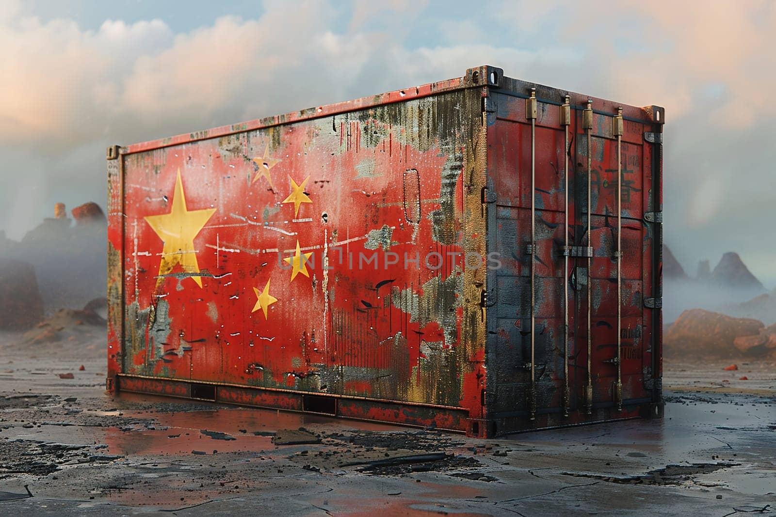 Freight shipping container with flag of china on crane hook - 3D illustration by Andelov13