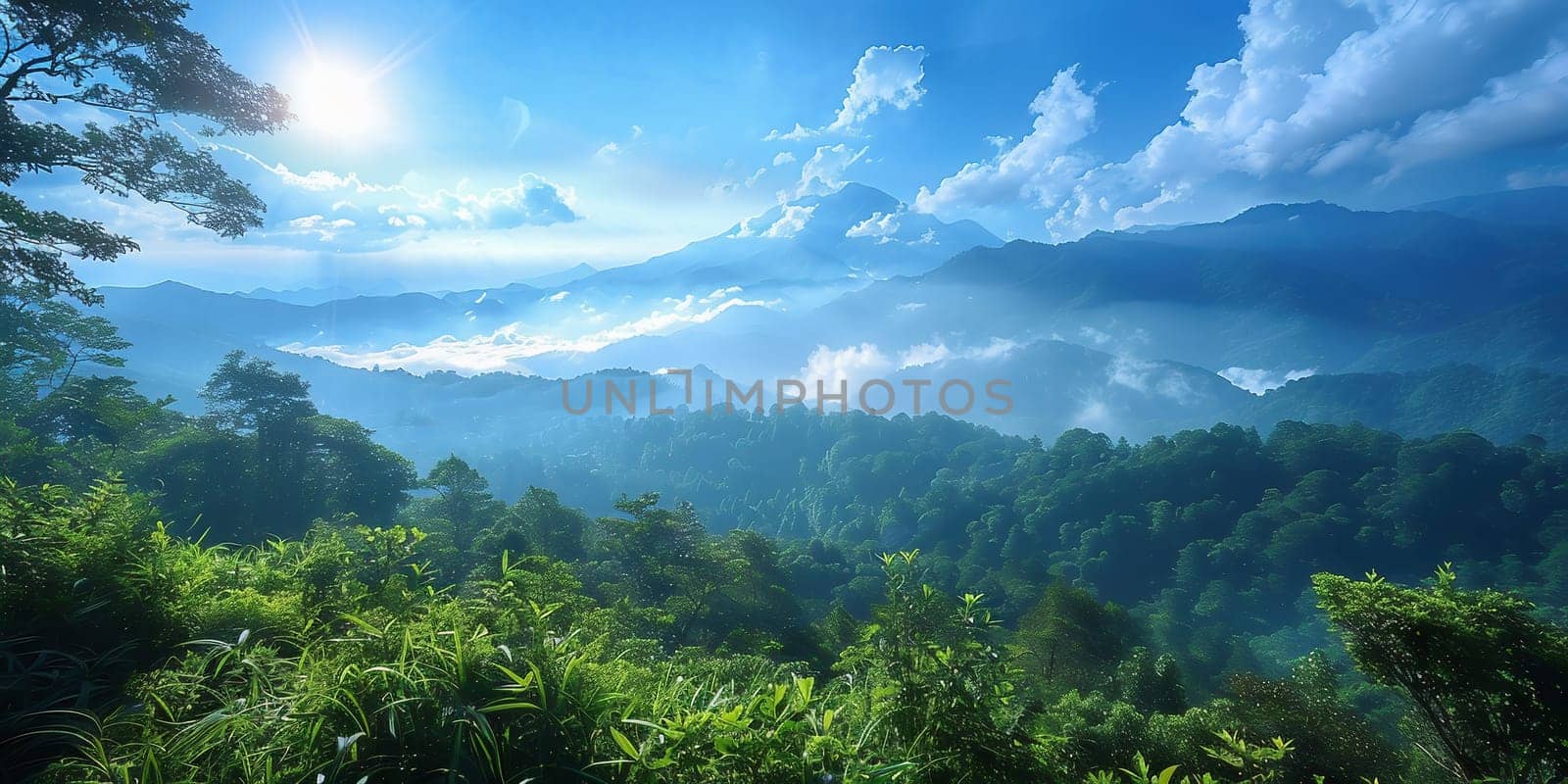landscape with a serene lake, lush greenery, and mountain range. High quality photo