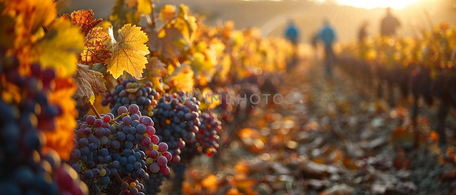 Sprawling Vineyard at Harvest Time with Workers in the Fields by Benzoix