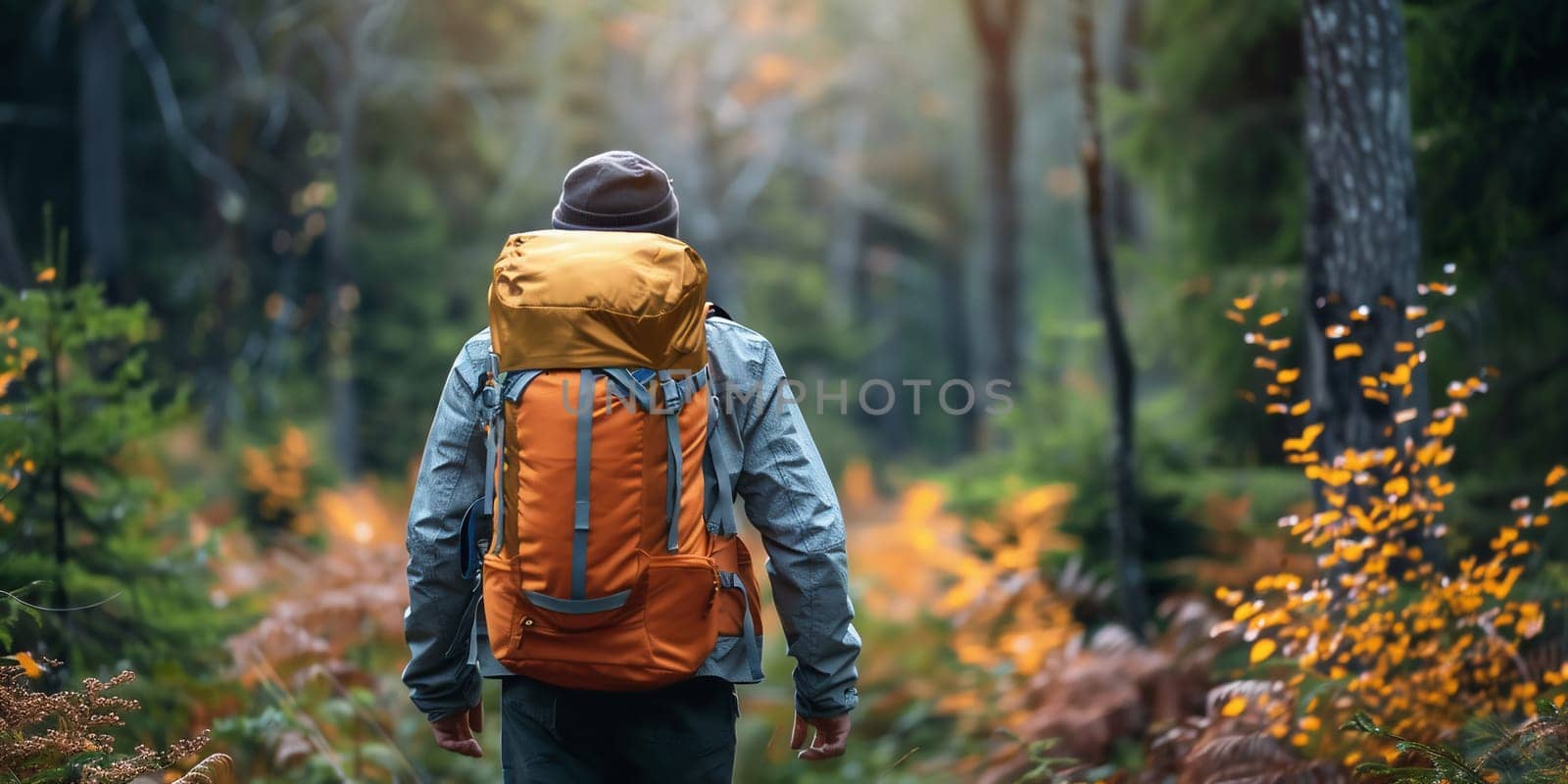 A man with backpack walks in the amazing autumn forest. Hiking alone along autumn forest paths. Travel concept. by Andelov13
