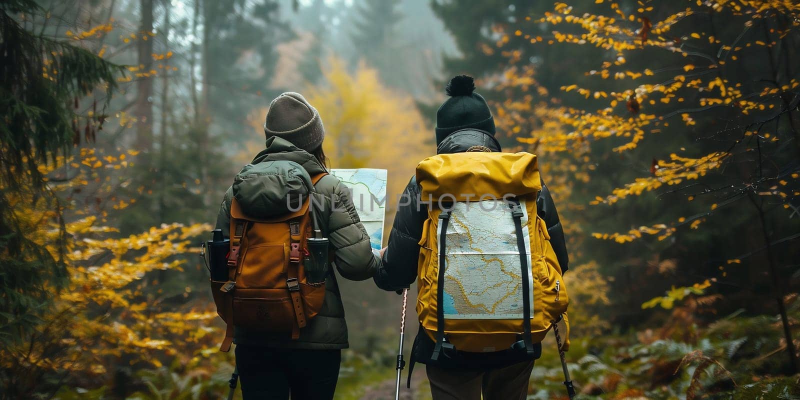 friends travel in the mountains with backpacks. High quality photo