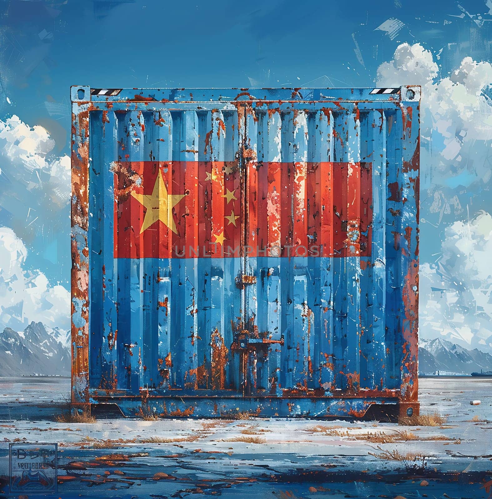 Freight shipping container with flag of china on crane hook - 3D illustration by Andelov13