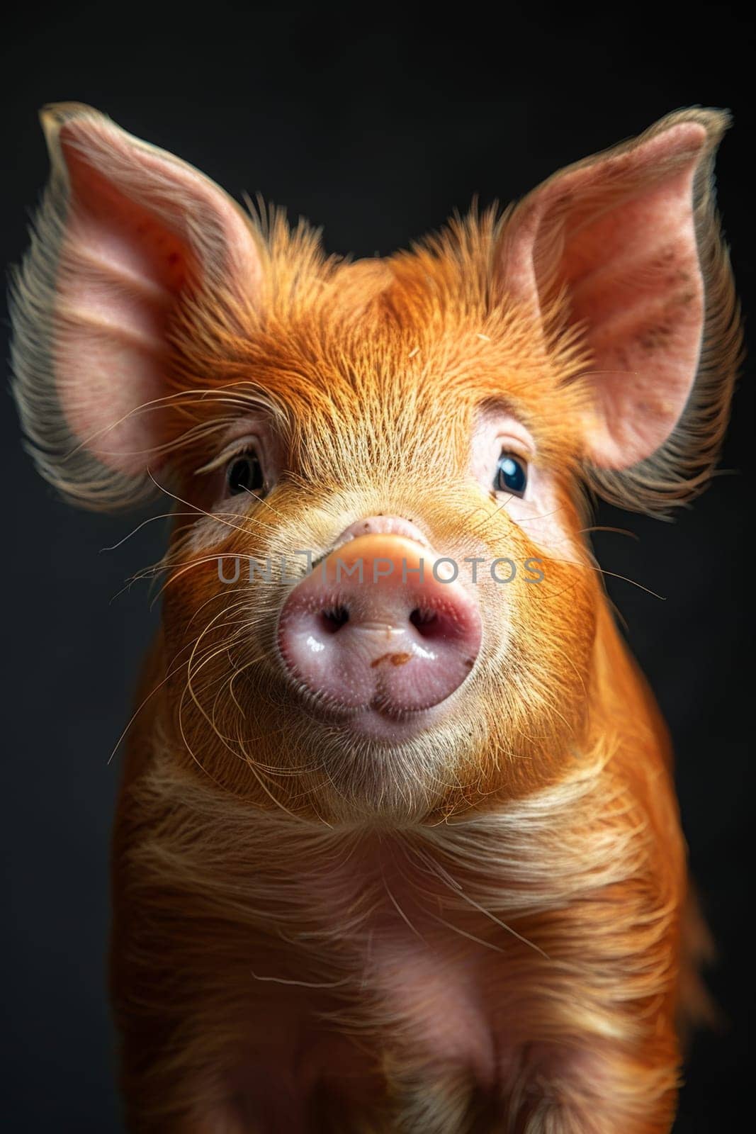 A newborn red piglet poses in front of the camera on a black background by Lobachad