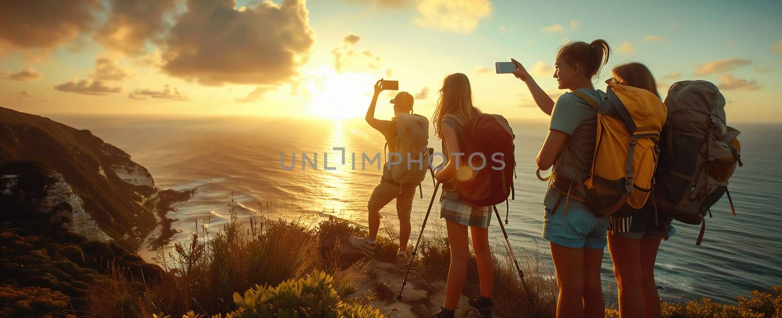 Group of happy backpackers trekking on sunny day. Young tourists traveling and enjoying active summer vacation. hiking trail with friends. High quality photo