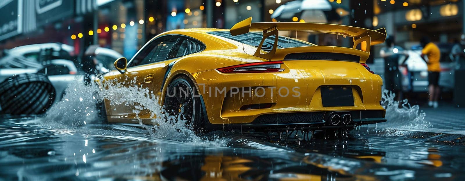 sports yellow car in the rain. High quality photo