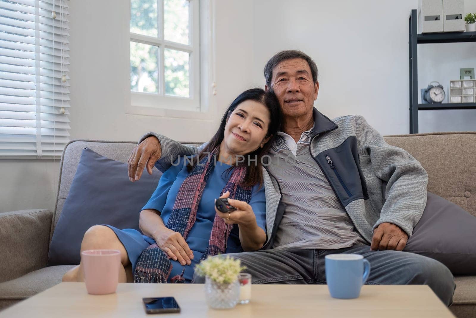 Retired Asian couple in their 60s Spend your free time happily watching TV shows together in the living room..