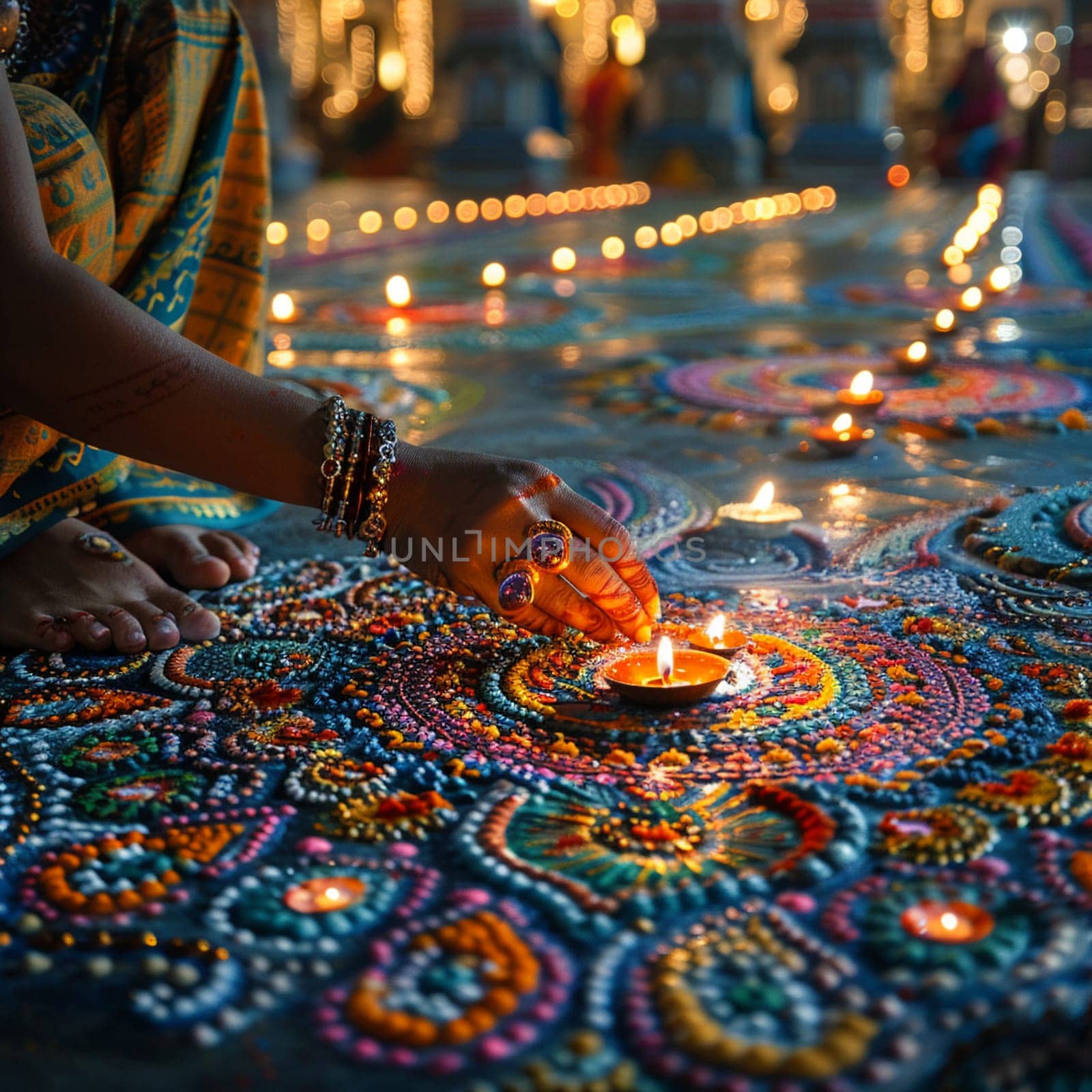 Colorful Hindu Festival Rangoli Blurring into Artistic Devotion, The intricate patterns spread into a vibrant display of culture and prayer.