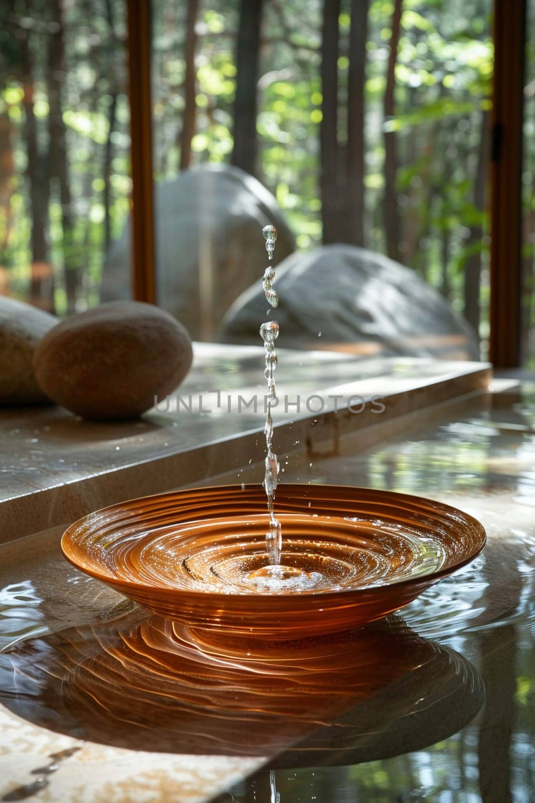 Holy Water Font with Gentle Ripples Reflecting Light, The movement of water creates an aura of purification and blessing.