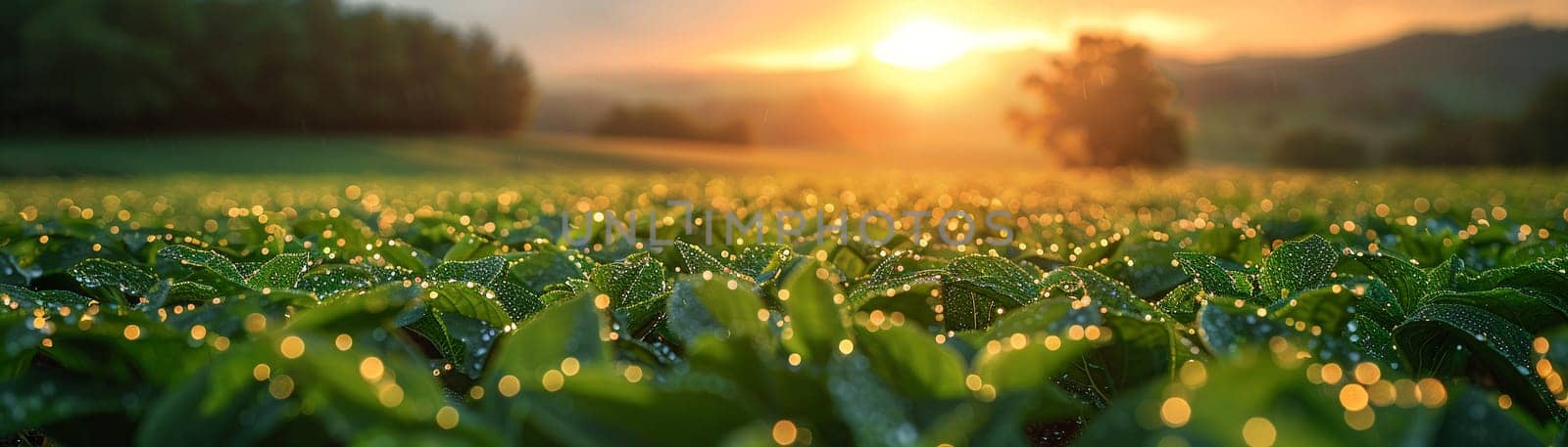 Morning Dew on Fresh Organic Farmland at Sunrise, A serene, blurred landscape of sprawling farmland signifies a new day in sustainable agriculture.