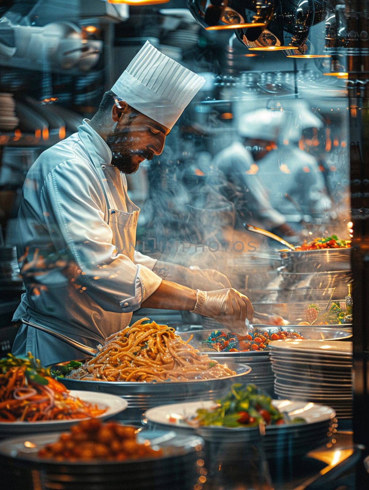 Busy Chef in Restaurant Kitchen with Blurred Motion of Cooking, The chef's movements against the backdrop of a professional kitchen suggest culinary passion and business.