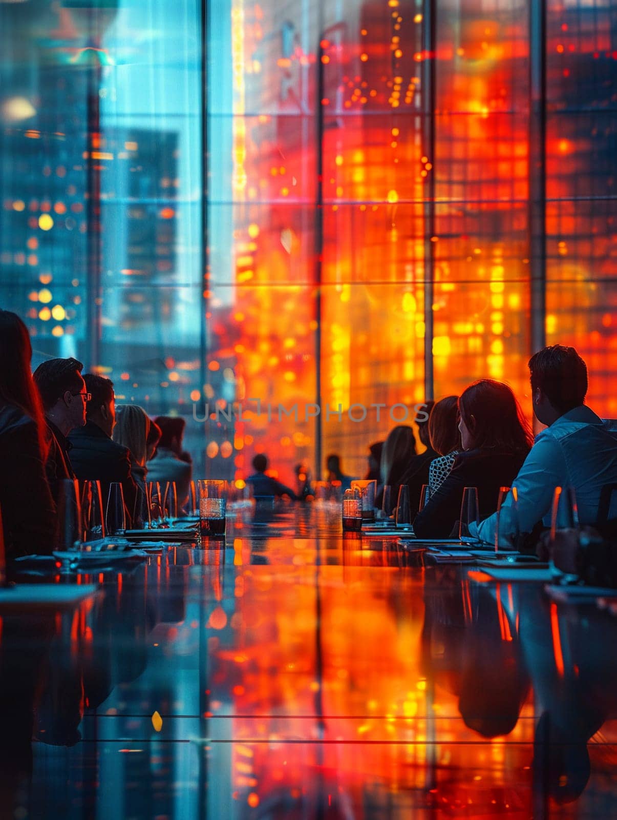 Executive Board Meeting with Blurred Presenters and Projectors, The fuzzy figures against a bright screen hint at corporate strategies and discussions.