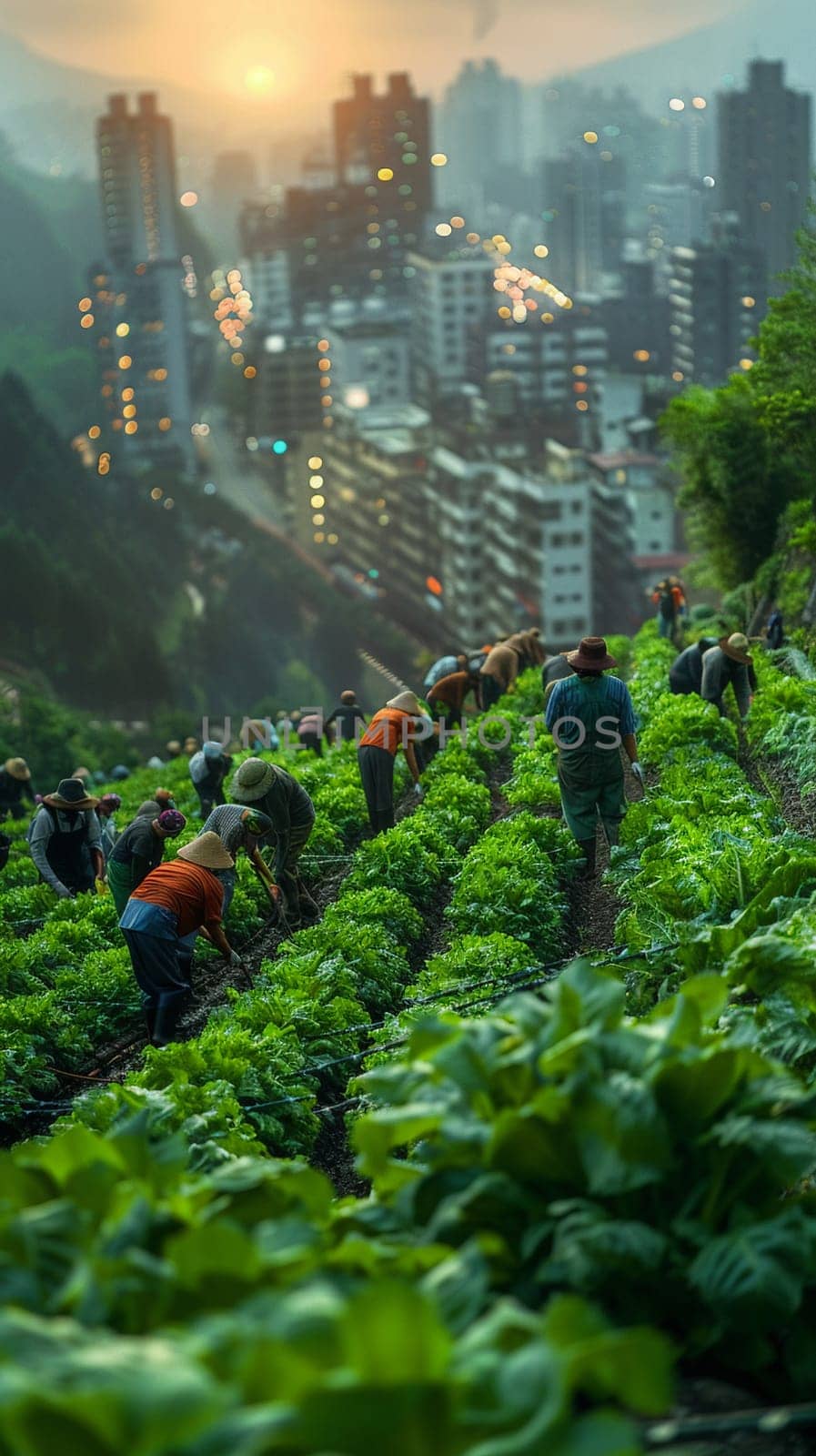 Farmers Tending to Crops in a Fertile Field with Soft Sunrise The gentle blur of workers and land suggests the timeless rhythm of agriculture. Urban Skyline Overlooking Bustling Financial District by Benzoix