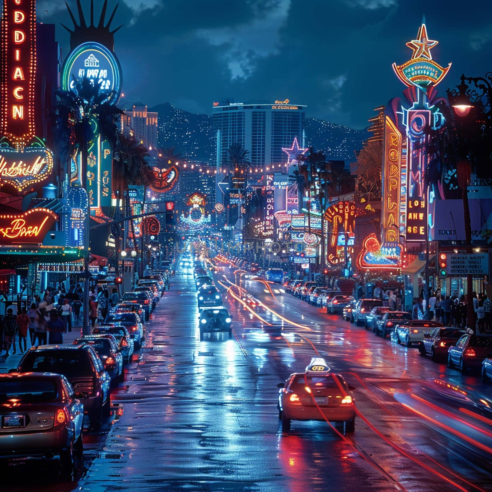 Pulsing Neon Lights of Downtown Nightlife and Entertainment District by Benzoix