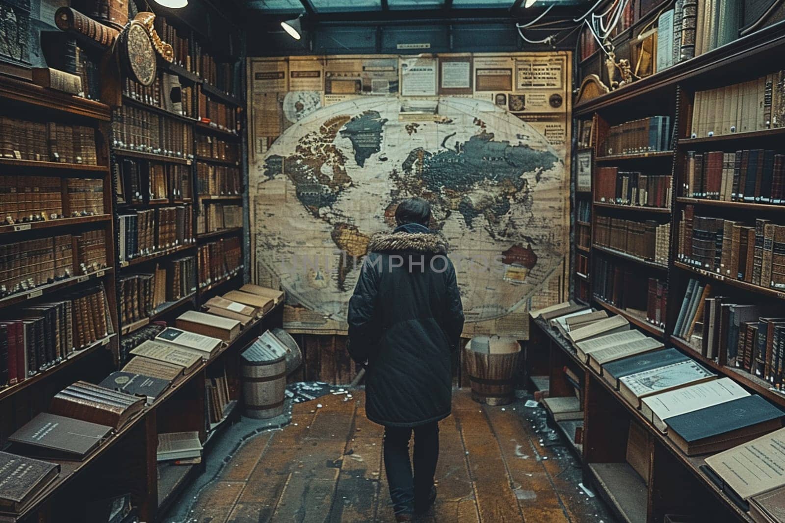 Vintage Bookstore with Antique Maps of the World Fading into Shelves, Blurred edges of ancient maps hint at historical exploration and literary charm.