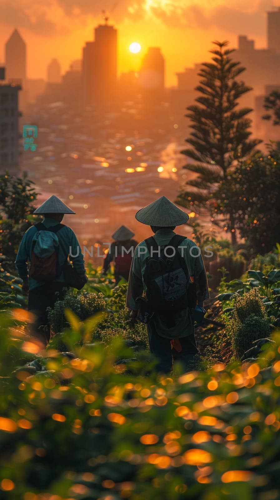 Farmers Tending to Crops in a Fertile Field with Soft Sunrise The gentle blur of workers and land suggests the timeless rhythm of agriculture. Urban Skyline Overlooking Bustling Financial District.
