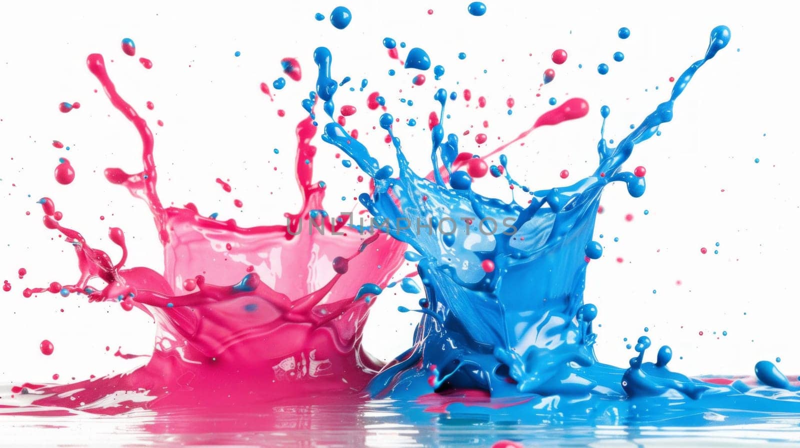 Two vibrant splashes of blue and pink paint collide on a pristine white canvas, creating a dynamic and visually striking contrast of colors by but_photo