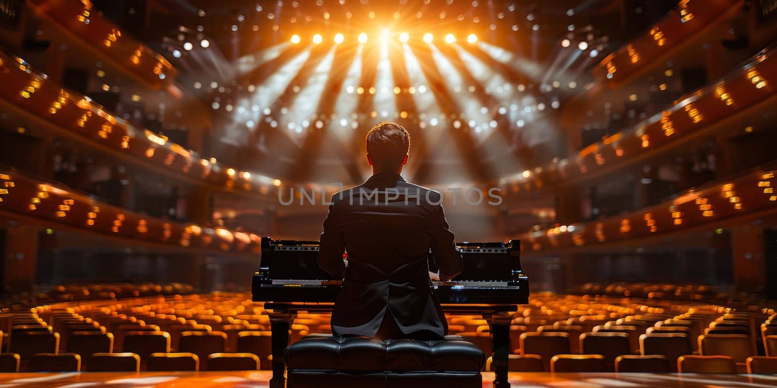 A man with intense concentration sits at a grand piano in front of a dimly lit stage, preparing to play a soulful composition.