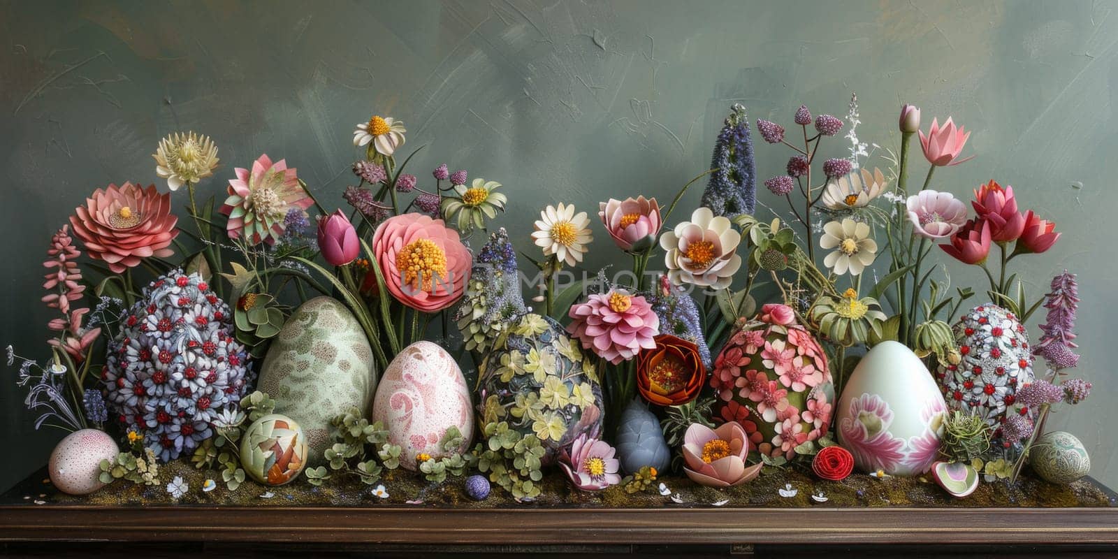 A vibrant painting featuring a variety of colorful flowers blooming next to delicate Easter eggs placed on a wooden table.