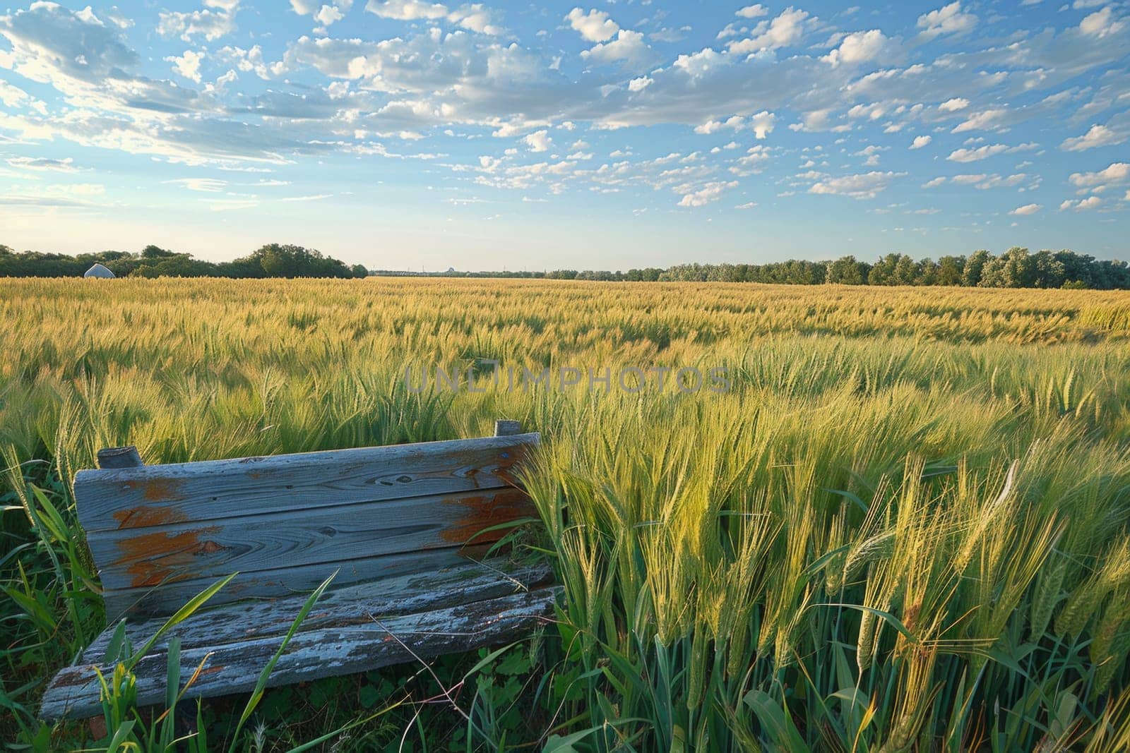 A lone bench nestled in a sea of tall grass, surrounded by natures tranquility and the gentle rustling of the wind.